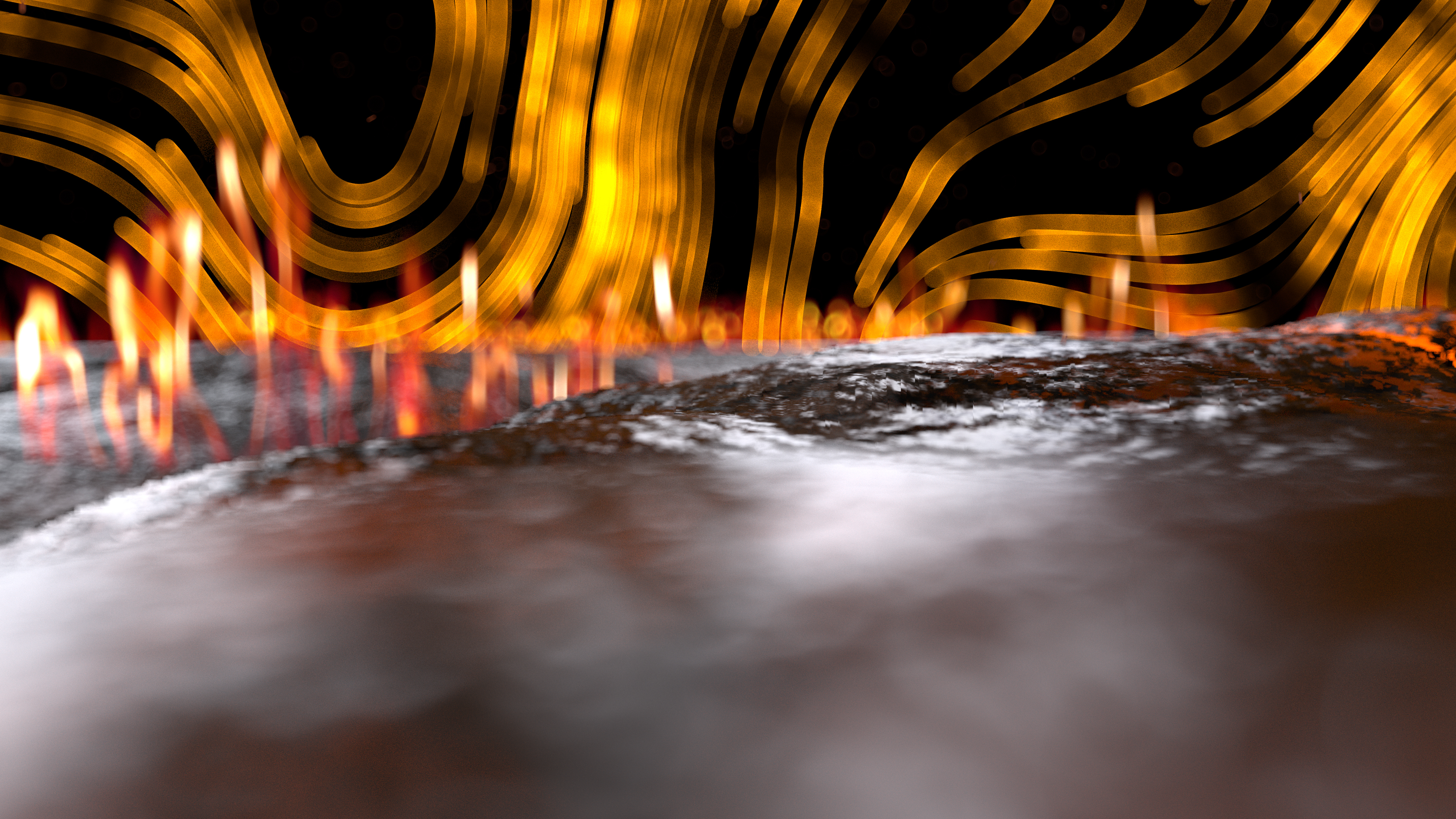 Gruner 3D Imagefilm Brandschutz Element Boden Kamerafahrt durch eine brennende Szenerie