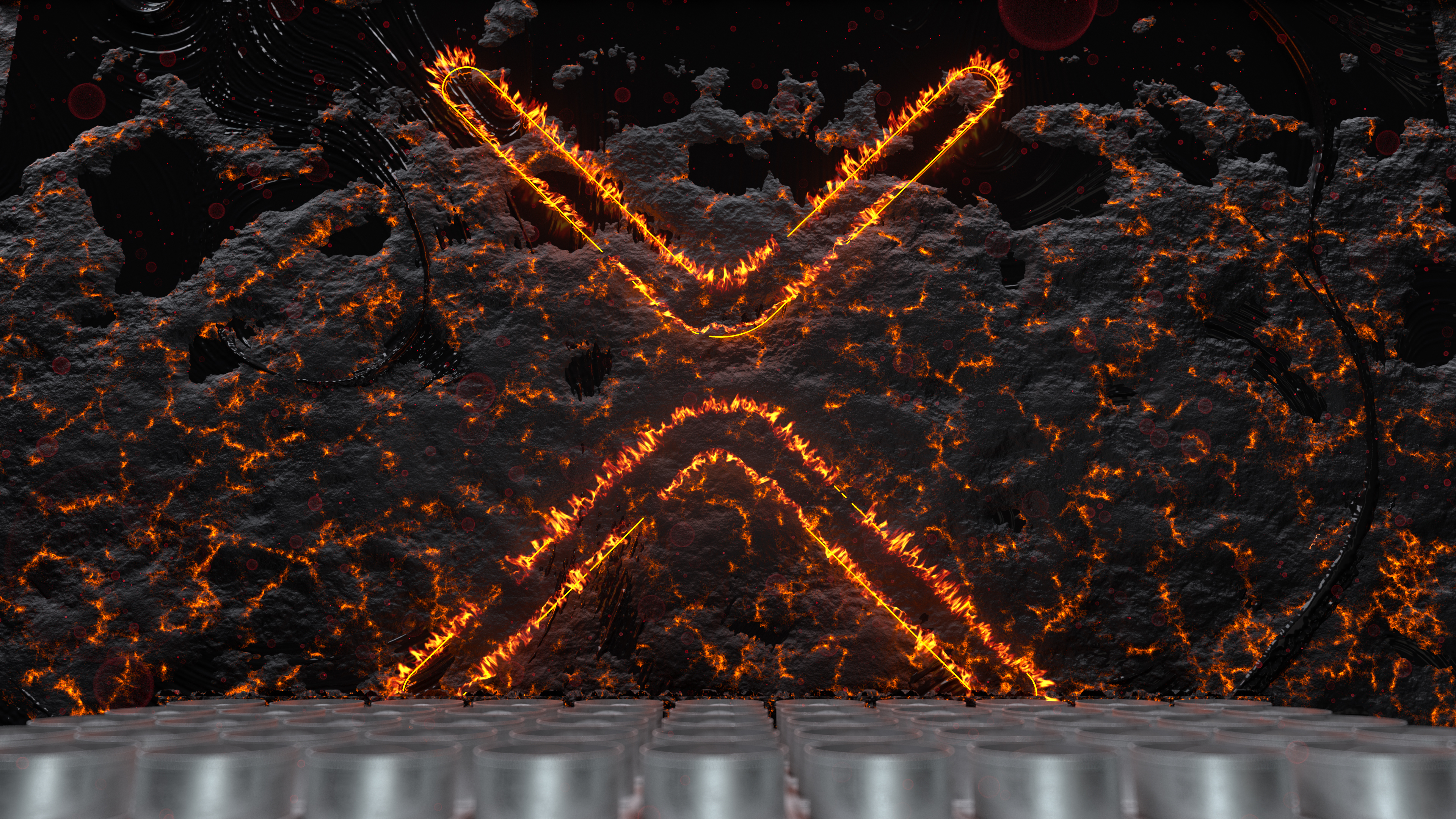 Gruner 3D Imagefilm Brandschutz Element Bildmarke Blick auf den brenenden Boden der die Gruner Bildmarke bildet