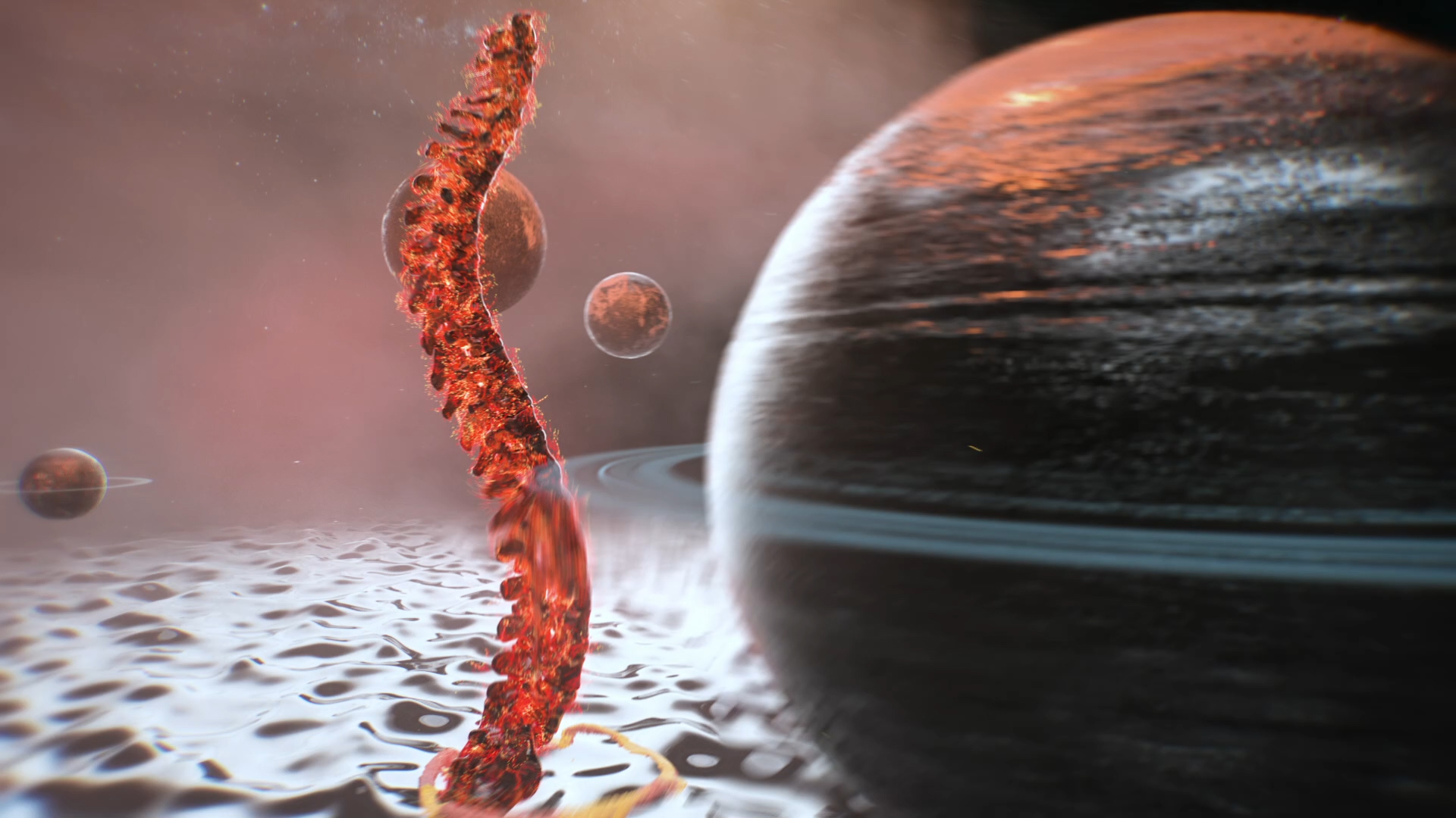 Hermle HS-Flex Kampagne Social Media Film Menue Animation von Planeten, die eine Wirbelsäule aus Stahl umkreisen