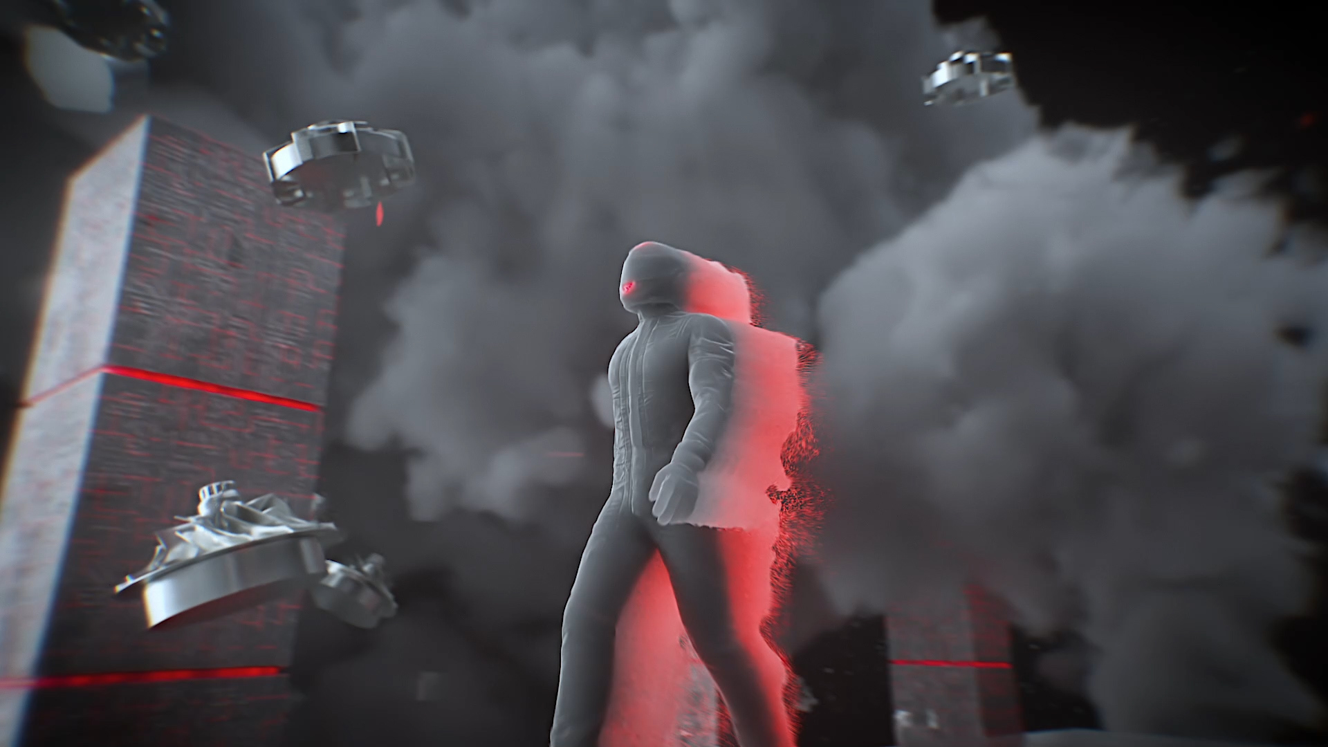 Hermle HS-Flex Kampagne Social Media Film Master 3D Animation einer Person, die durch eine dunkle Halle schreitet