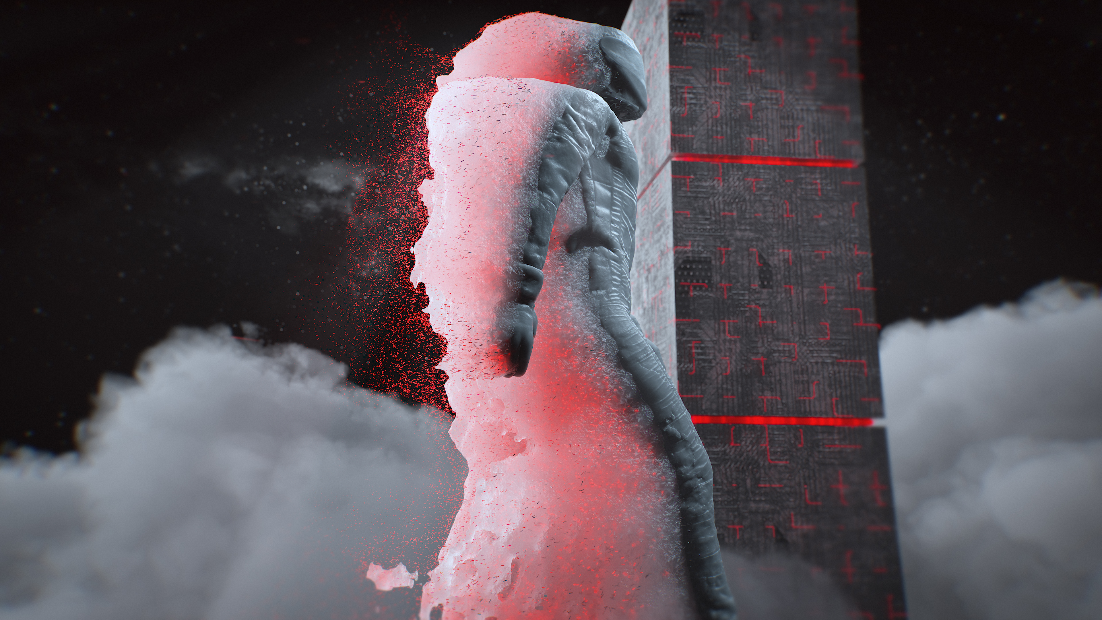 Hermle HS-Flex Kampagne Social Media Film Partikelschweif Simulation einer Person, die abstrakte Partikel hinter sich herzieht