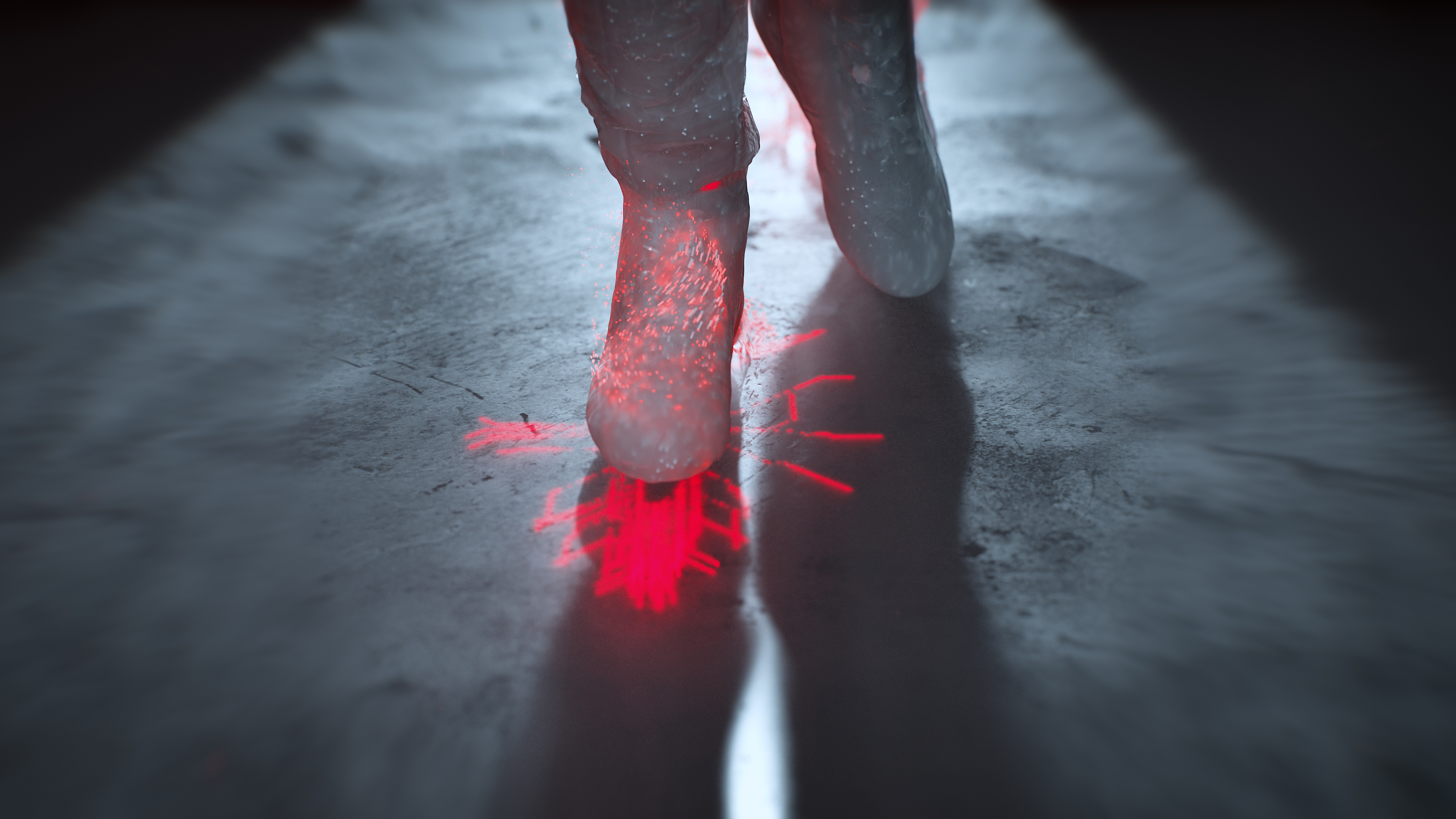 Hermle HS-Flex Kampagne Social Media Film Schritte Fußschritte einer animierten Person lösen Lichtpunkte auf dem Boden aus