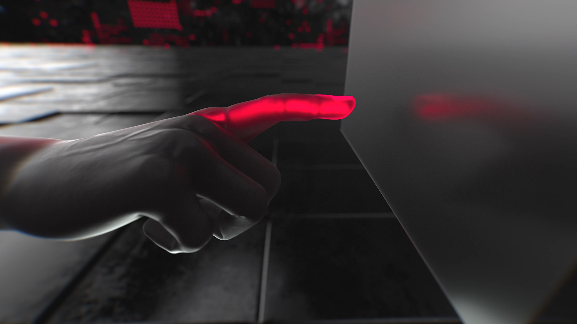 Hermle RS-05 Kampagne Social Media Fingerabdruck 3D Rendering des Bedienpanels mit einer abstrahierten Hand