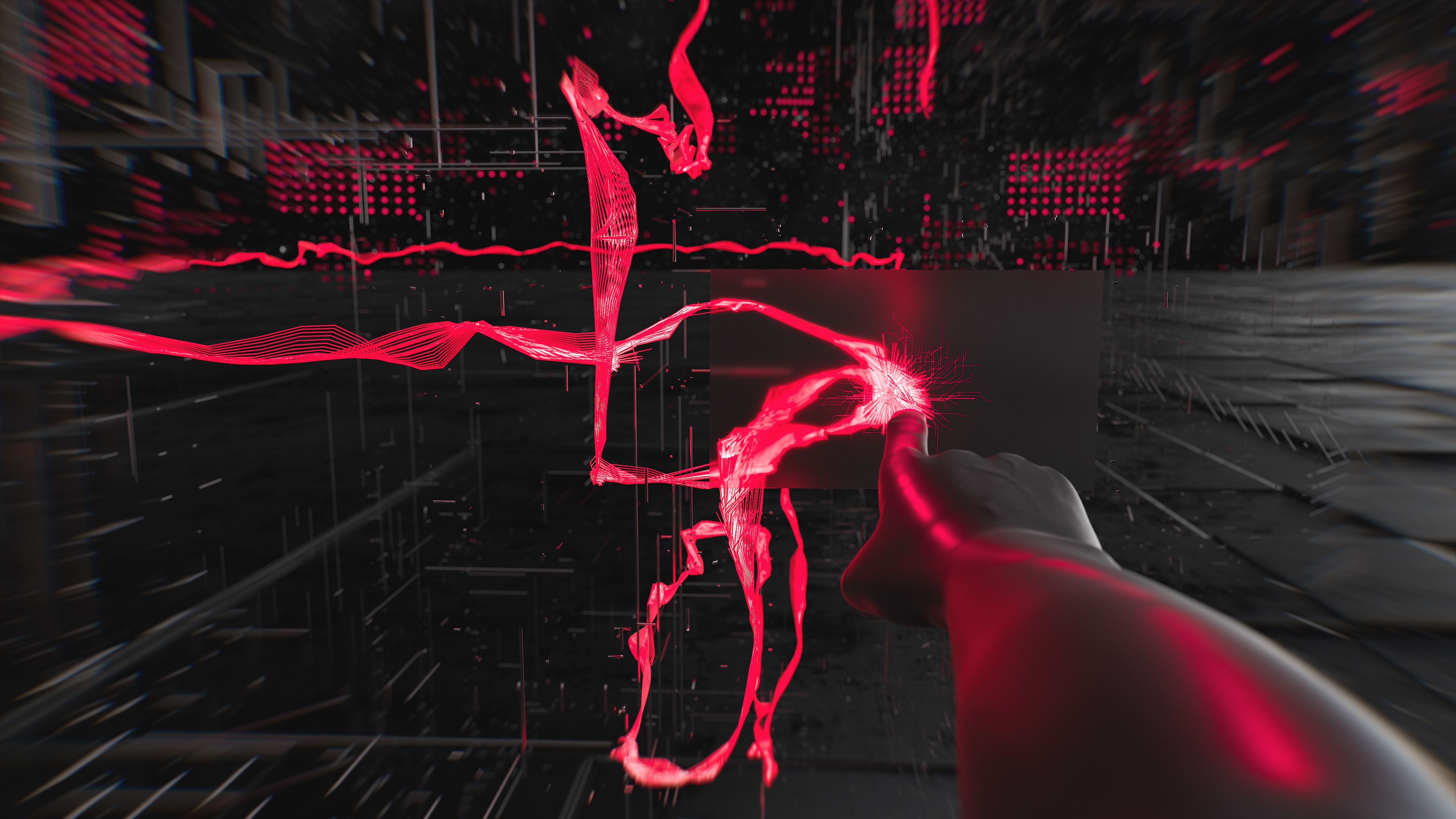 Hermle RS-05 Kampagne Social Media Netzwerk 3D Rendering abstrakter roter Linien aus dem Bedienpanel