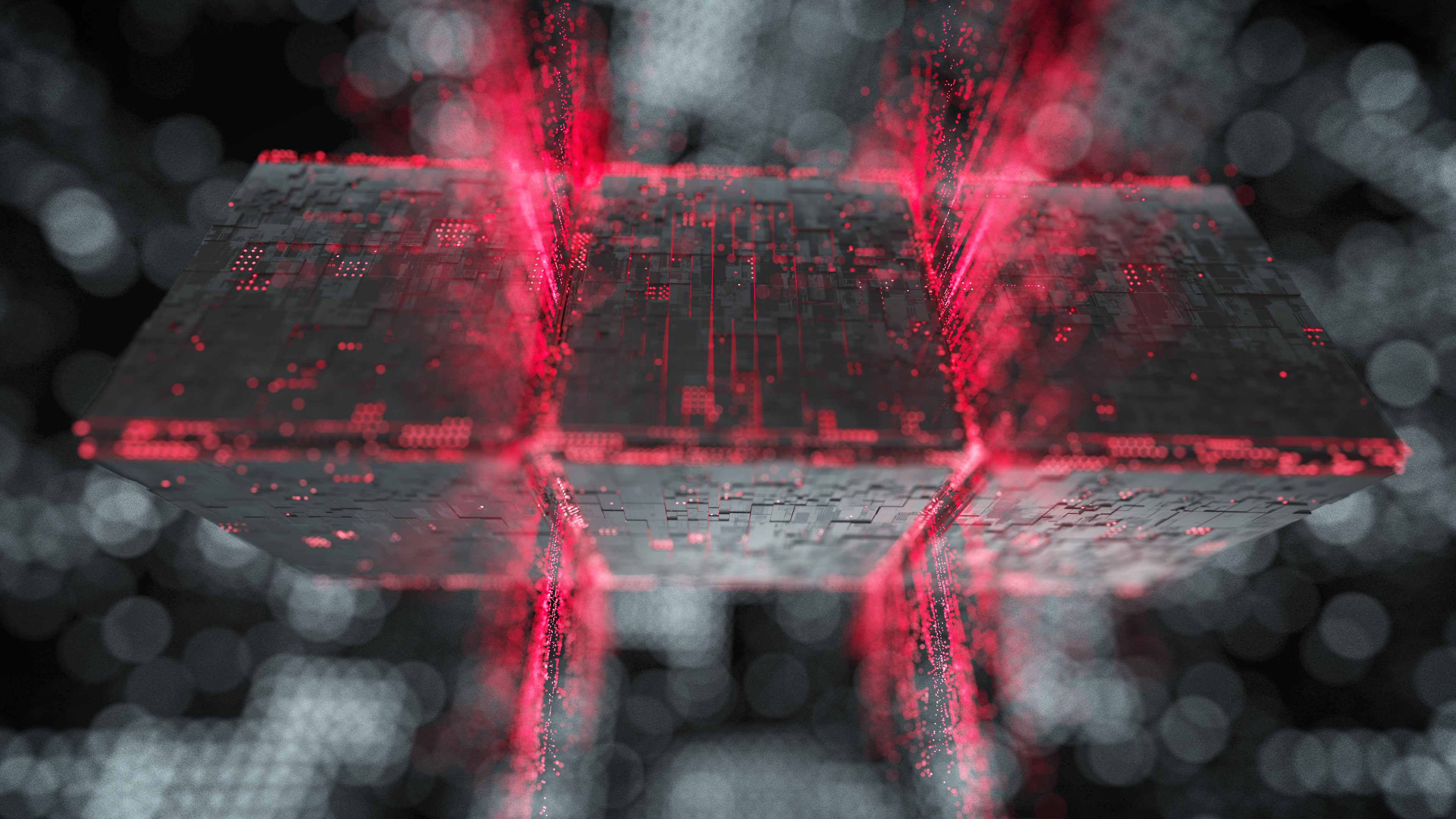 Hermle RS1 Kampagne Social Media Film 2 Systeme 3D Simulation von roten Partikeln, die 3 Stahlwürfel ausstrahlen