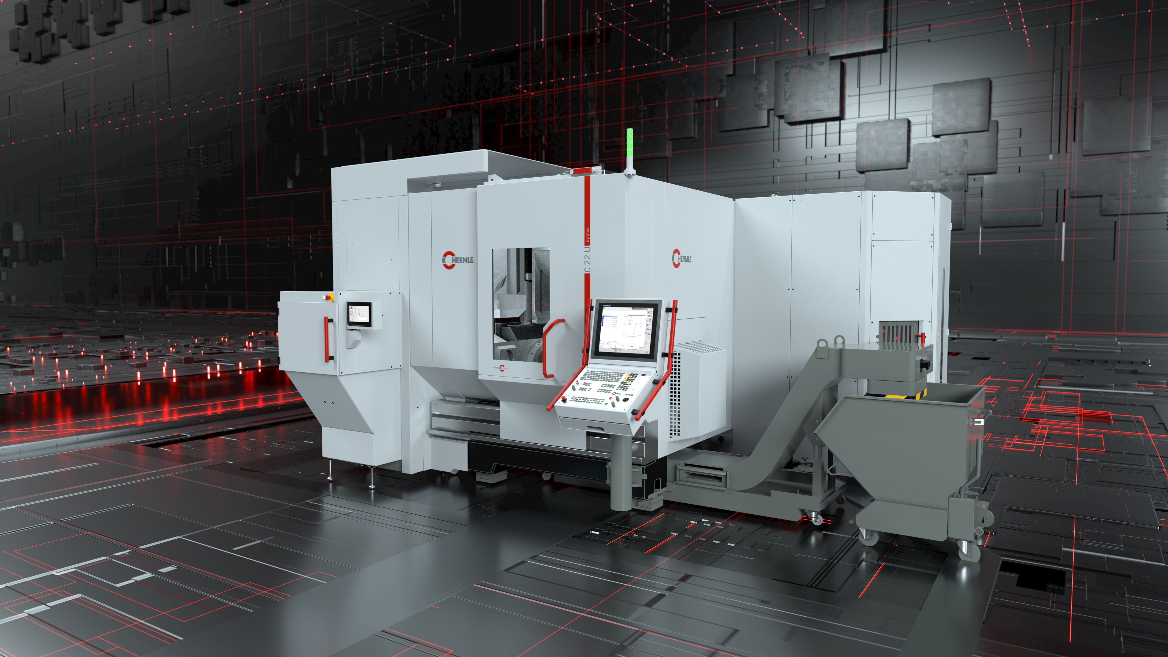 Hermle Robotersystem RS 05-2 Produktfilm Umfeld 3D Rendering des Hermle RS 05-2 Robotersystems seitliche Montage