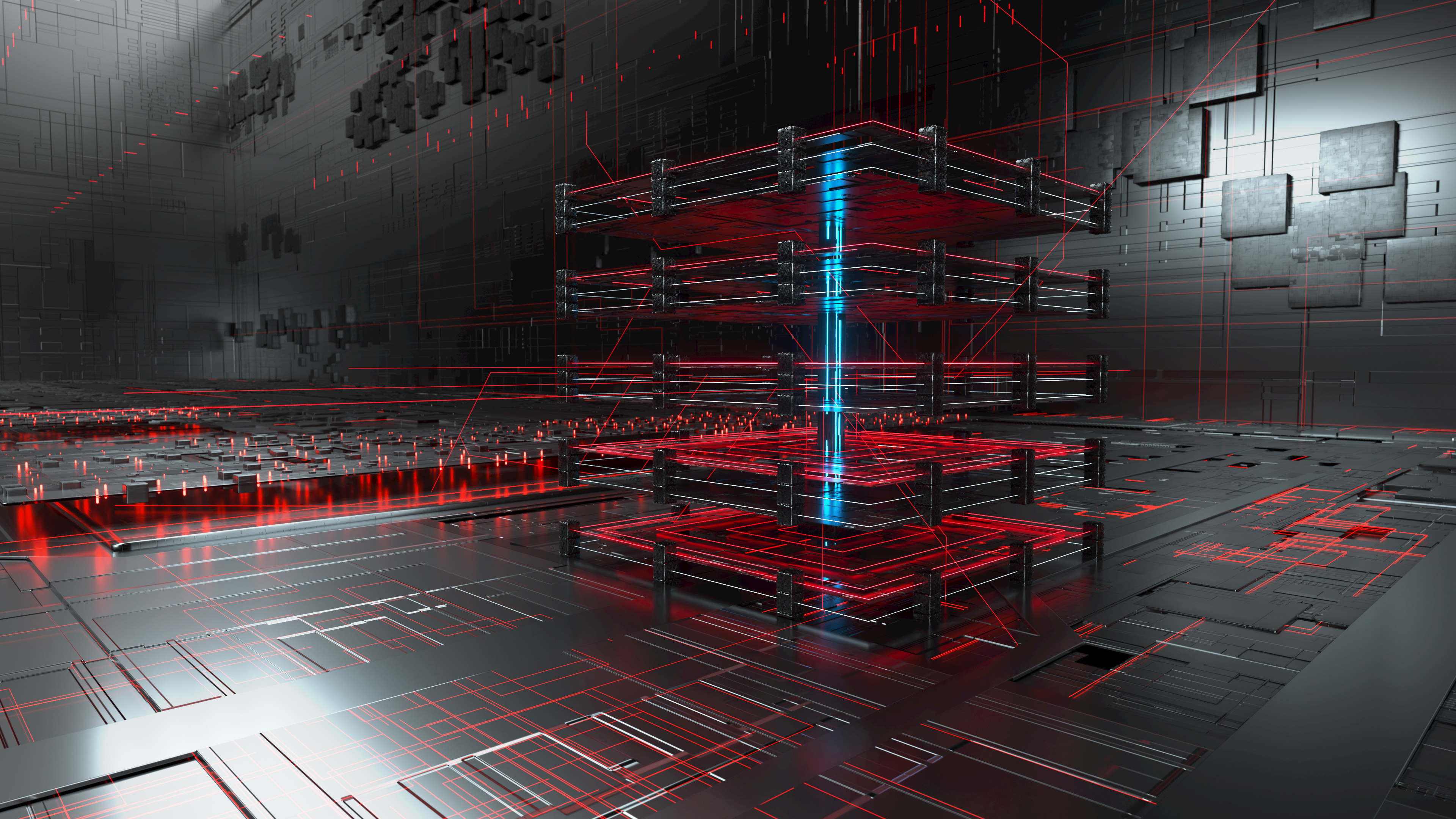 3D Rendering des Hermle RS 05-2 Kubus rot Aufbau 3D Animation des Kubus mit blauer Säule