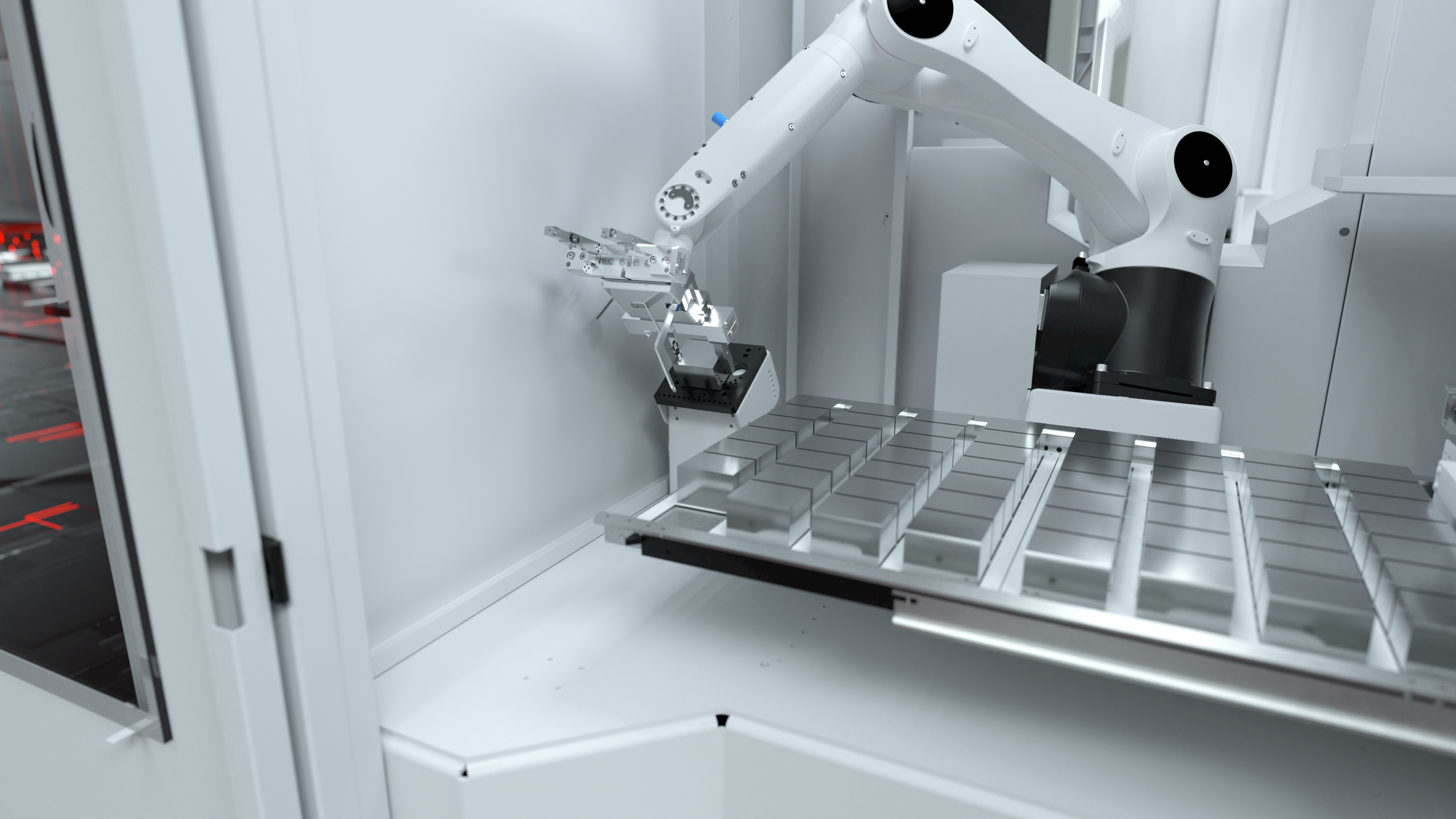 3D Rendering des Hermle RS 05-2 Kuka Roboter 3D Animation der Schublade. bestückt mit der Universalmatritze
