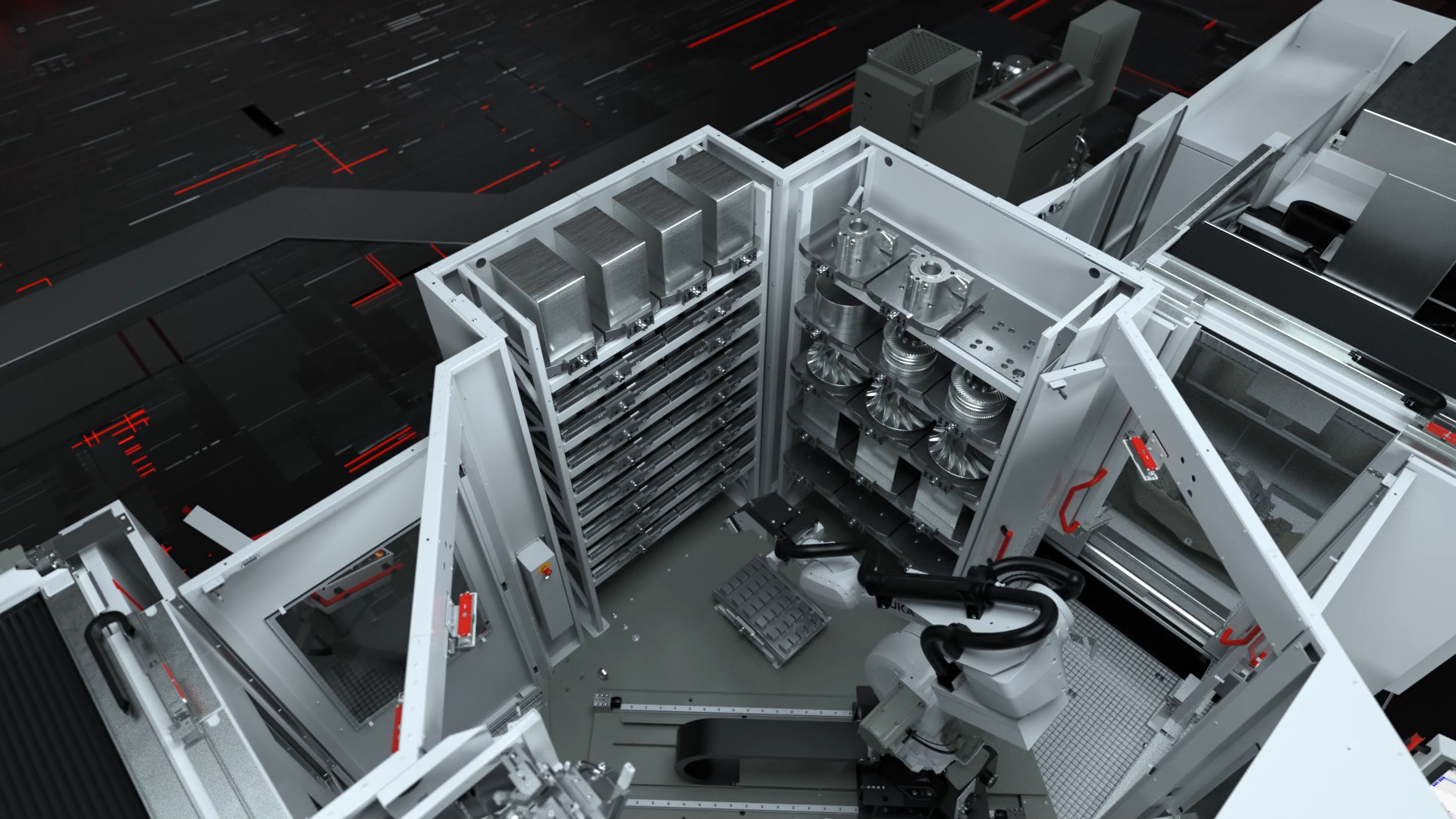 Hermle Robotersystem RS 1 Produktfilm Zusatzregal 3D Rendering des Zusatzregals