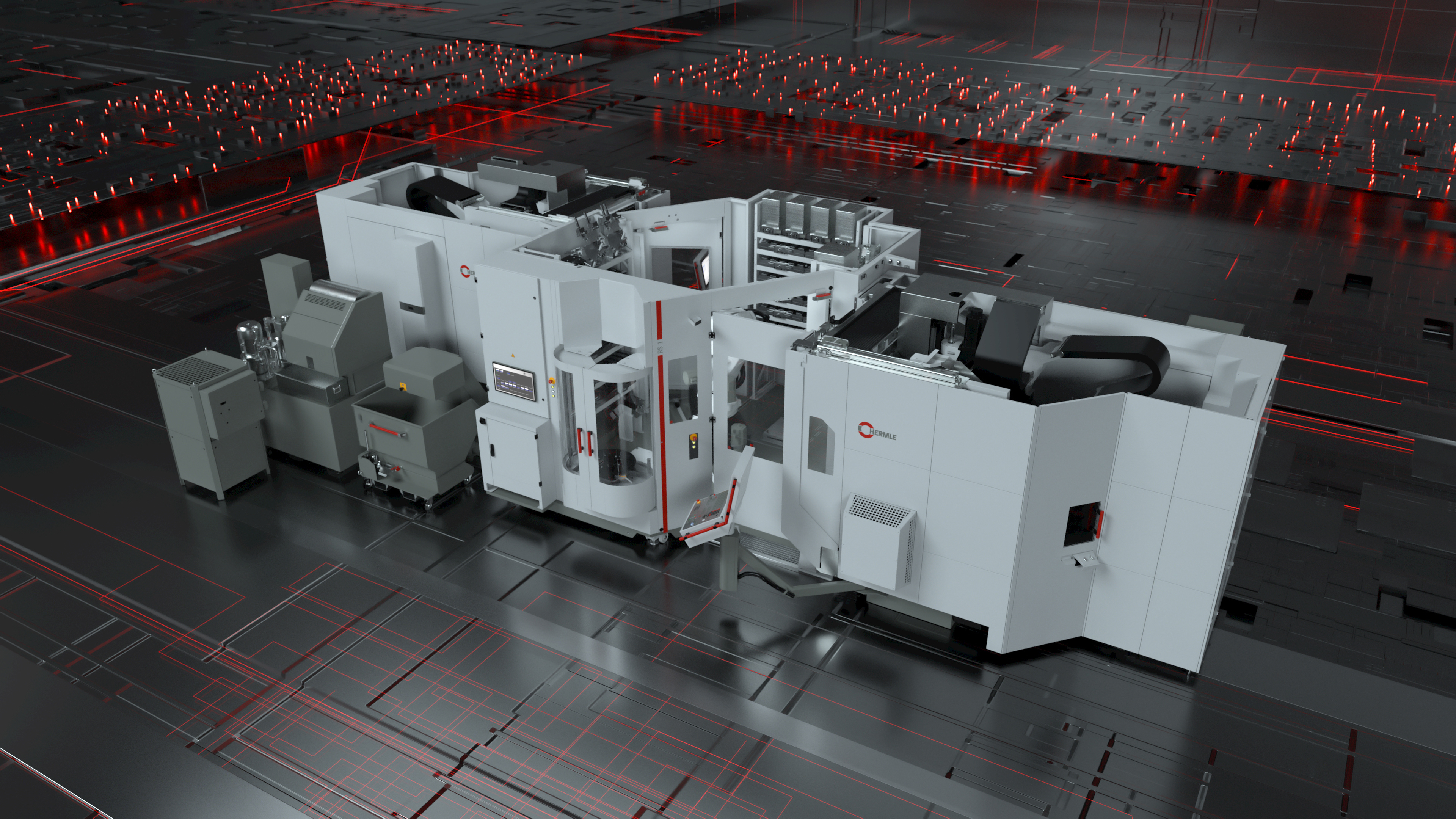 Hermle Robotersystem RS 1 Produktfilm Zweimaschinen Lösung 3D Darstellung der Zwei Maschinen Lösung des RS 1