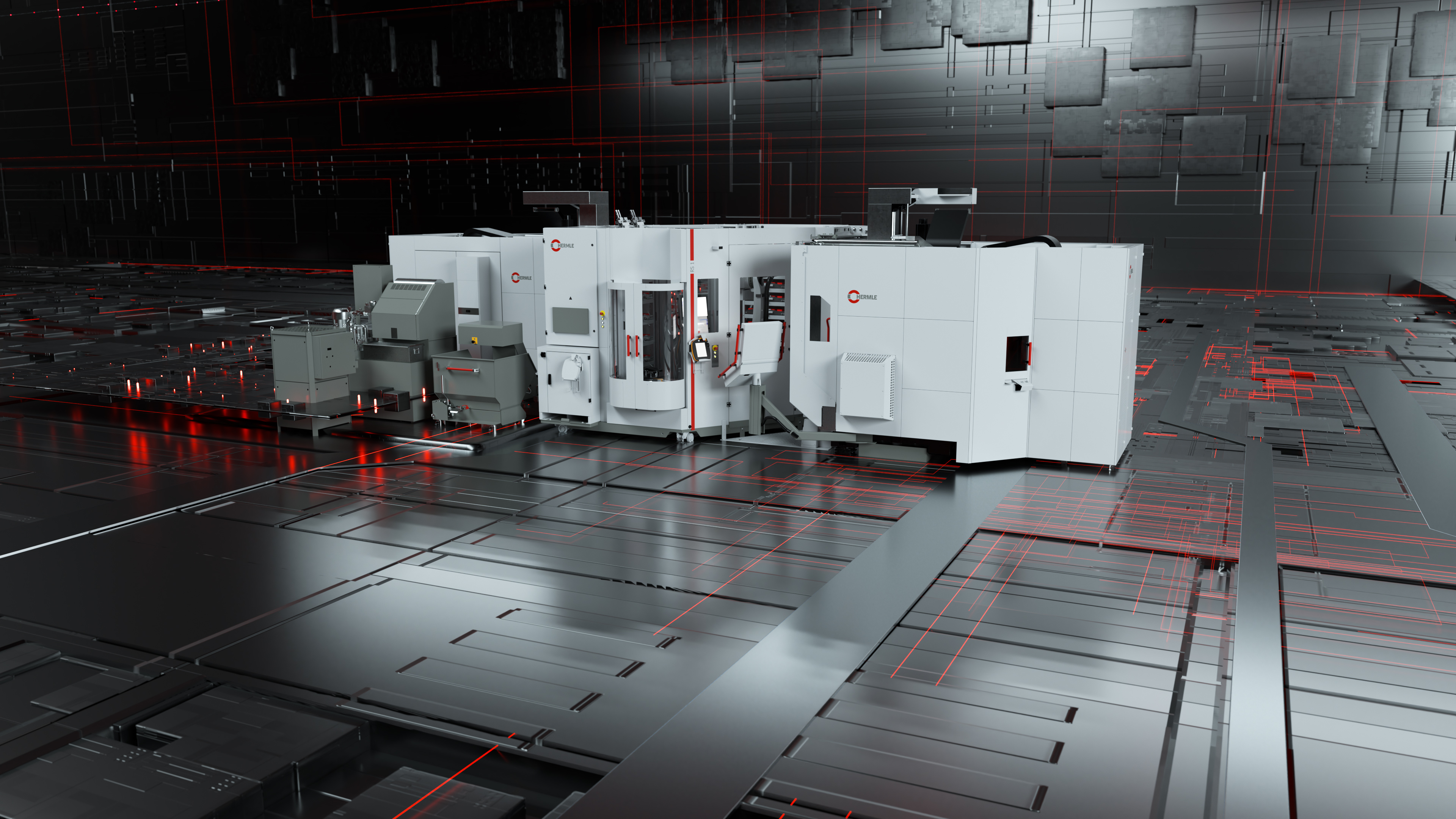 Hermle Robotersystem RS 1 Produktfilm Frontalansicht 3D Rendering der Frontalansicht des RS 1 in einem dunklen Umfeld