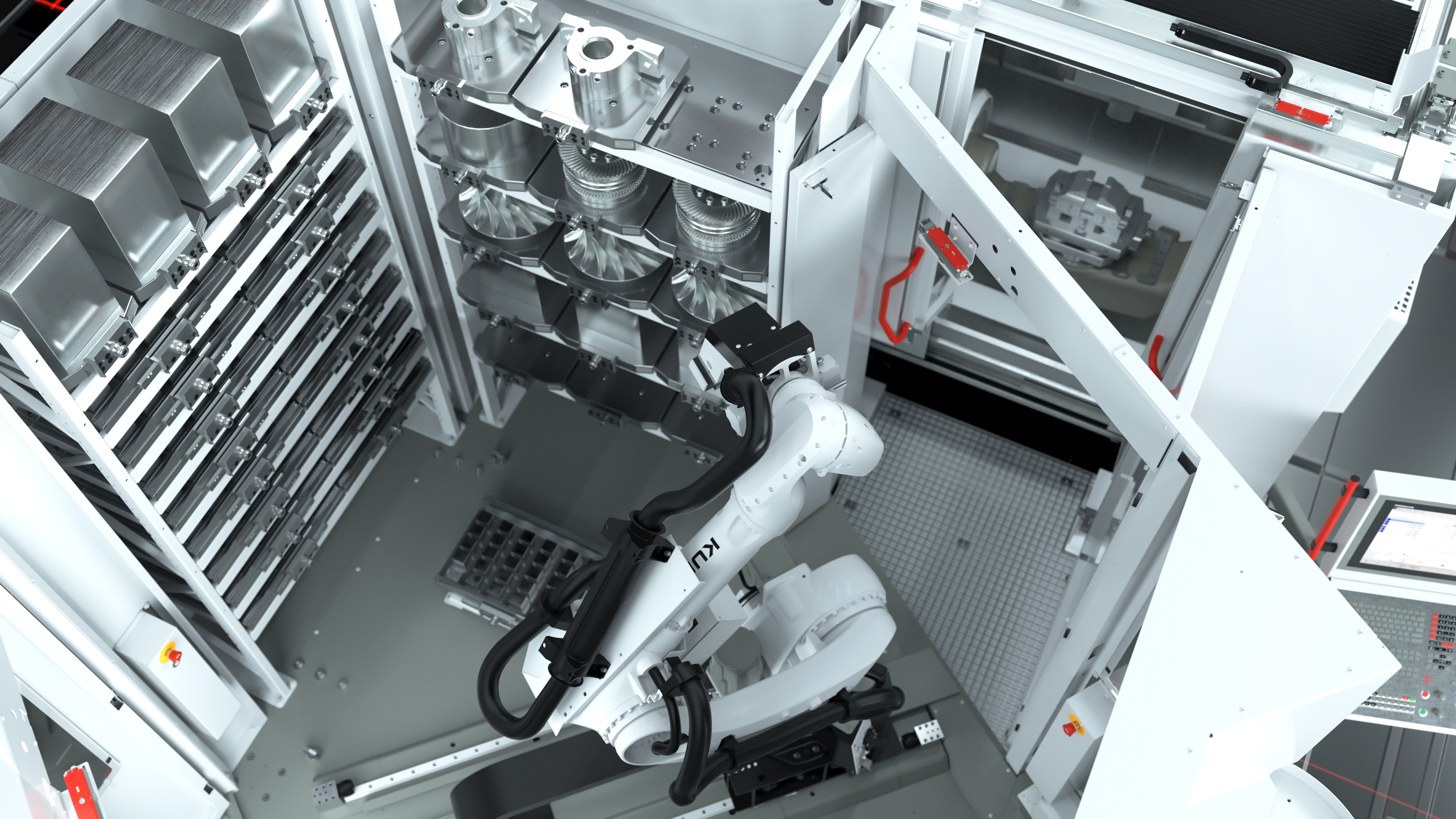 Hermle Robotersystem RS 1 Produktfilm Kuka Roboter Blick in das Innere des RS 1 mit zentralem Kuka Roboter
