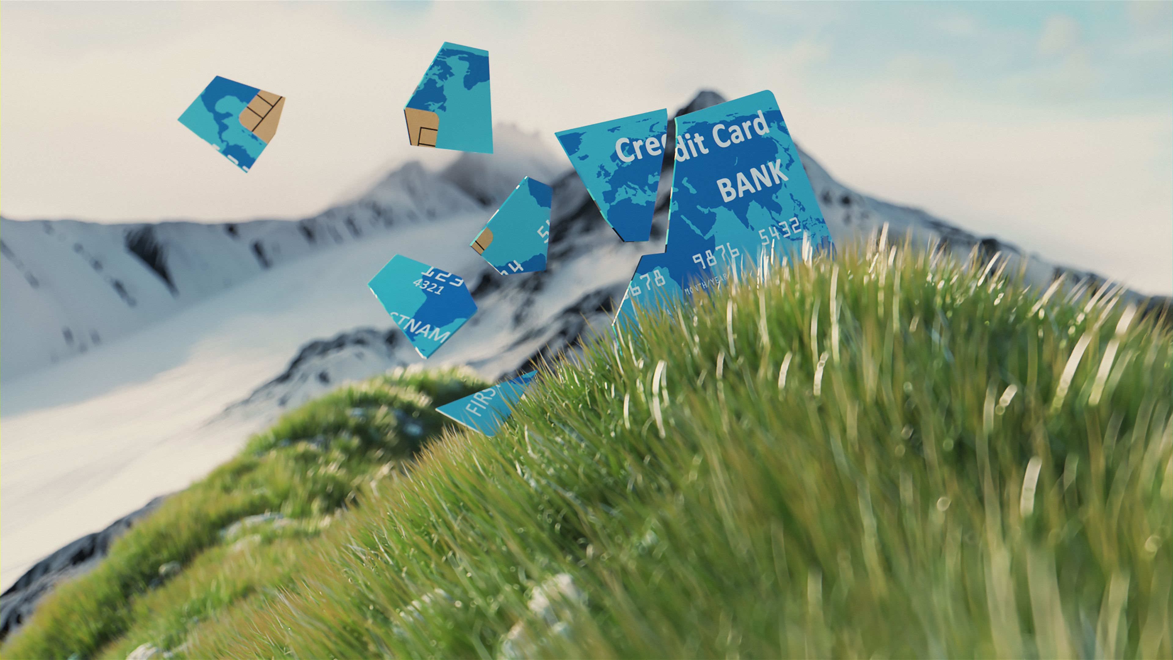 Hunkeler Imagefilm Green Line Concept Kreditkarte 3D Animation einer sich auflösenden Kreditkarte für das Recycling