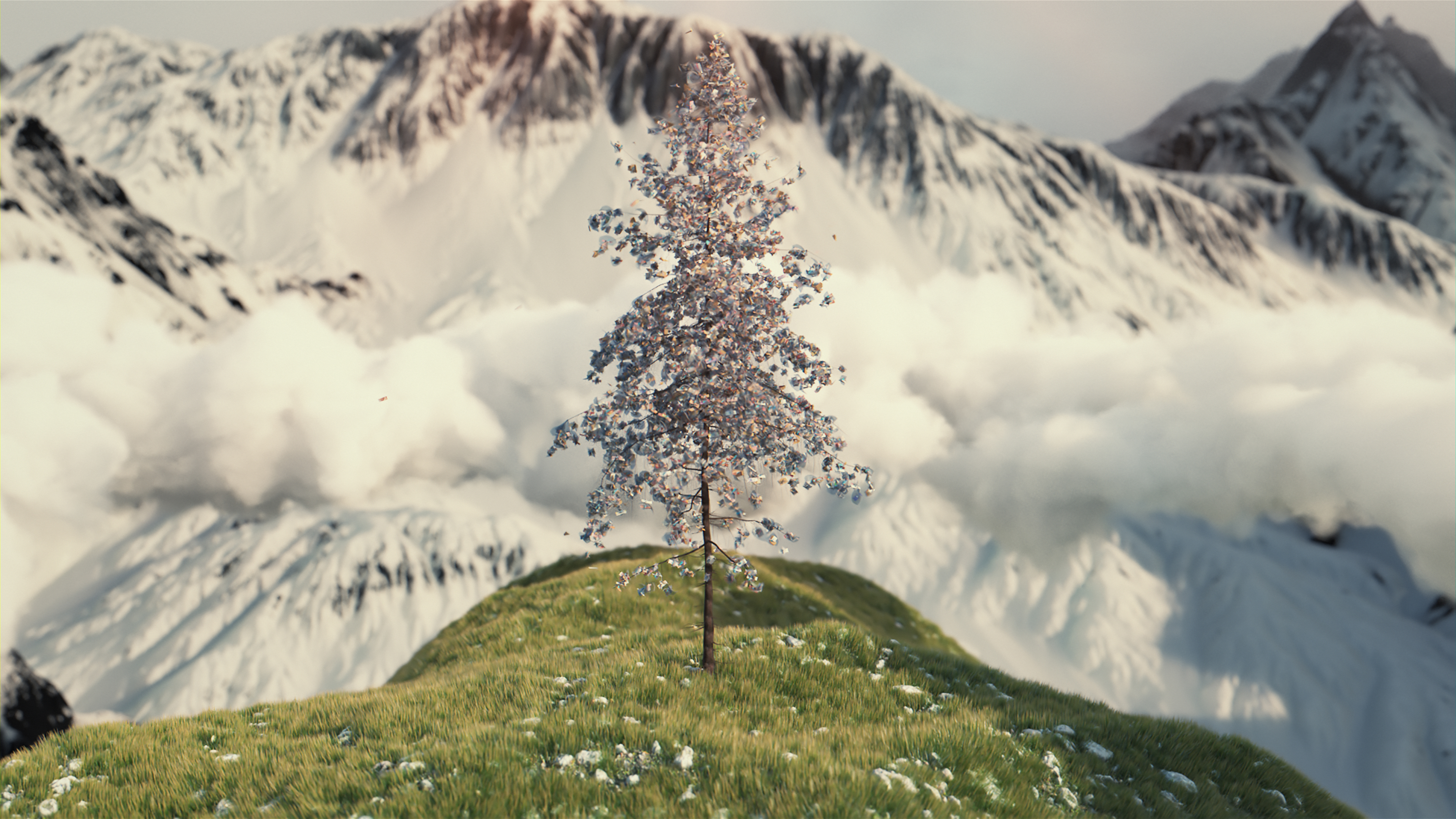Hunkeler Imagefilm Green Line Concept Baum 3D Animation eines Baumes in einer Bergwelt
