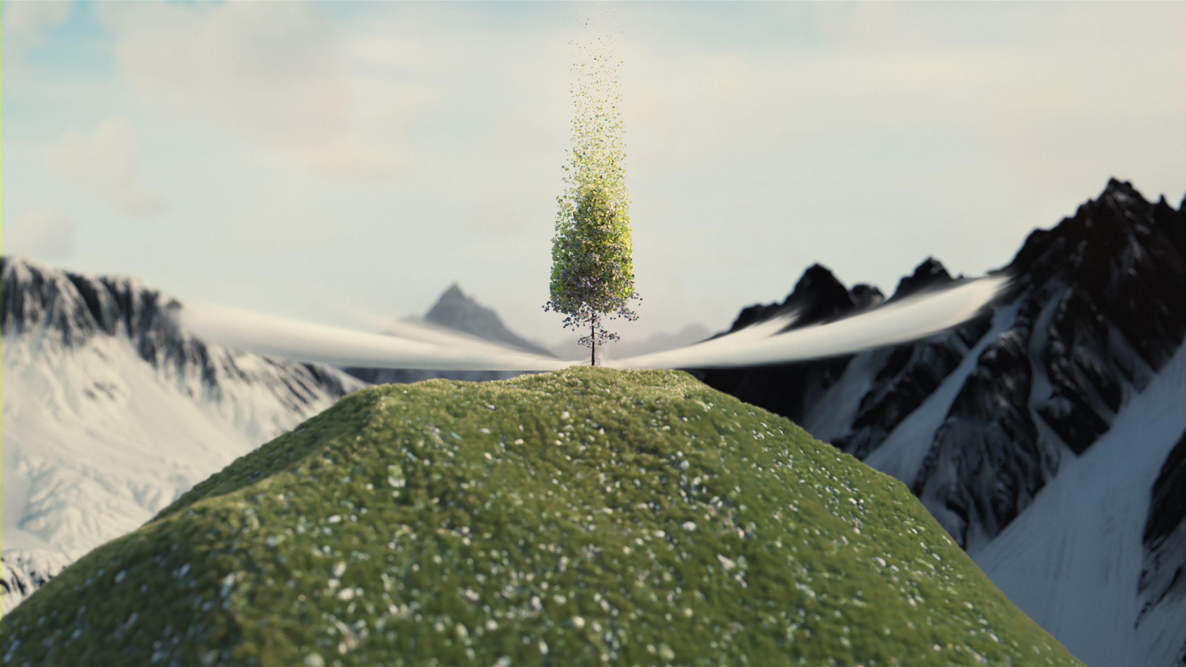 Hunkeler Imagefilm Green Line Concept 3D Animation von recycelten Blättern die einen Baum begrünen