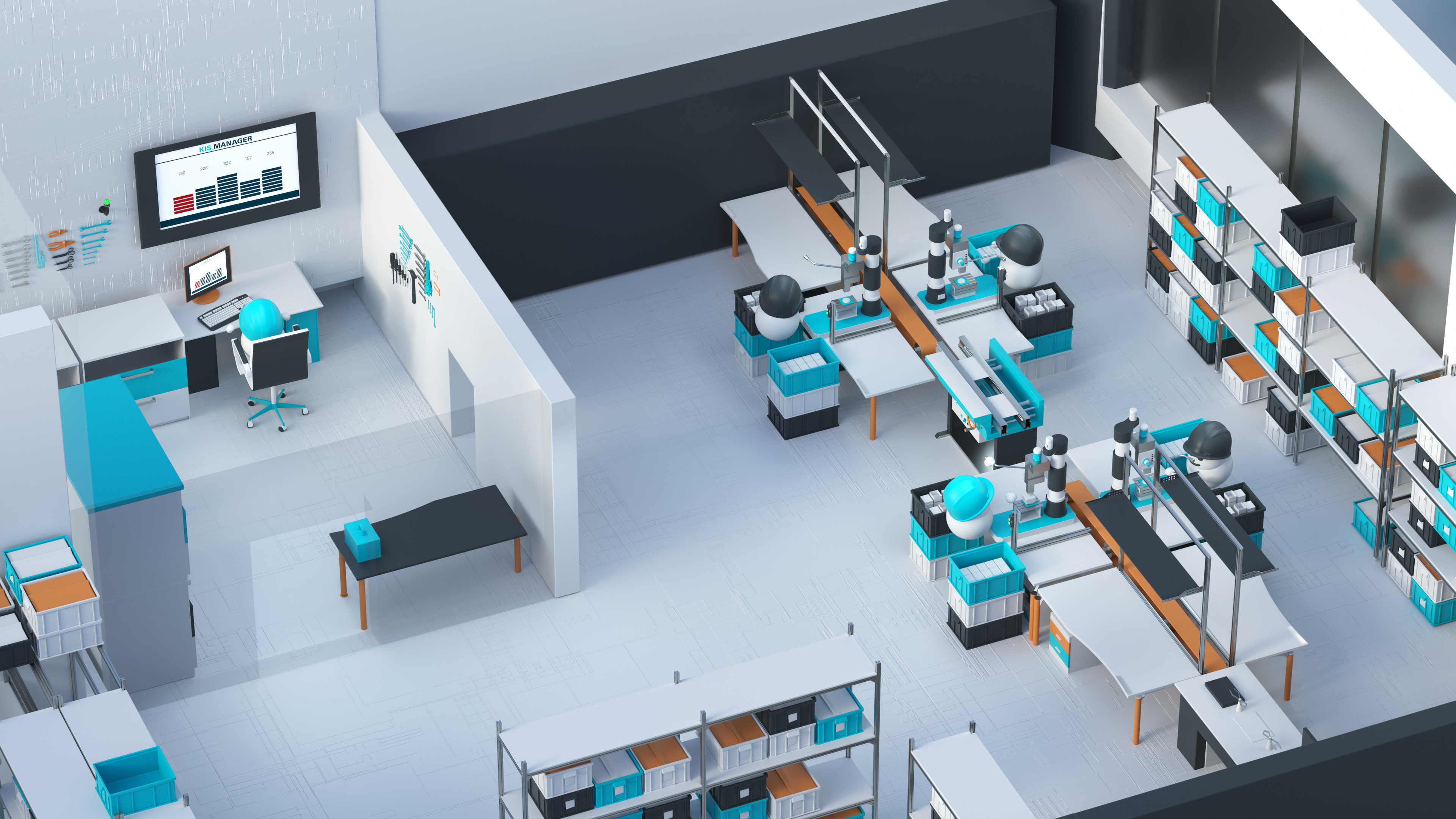 Rafi Kampagne Kis.Me Simply solved Maschinenhalle 3D Rendering mit Blick in eine stilisierte Maschinenhalle