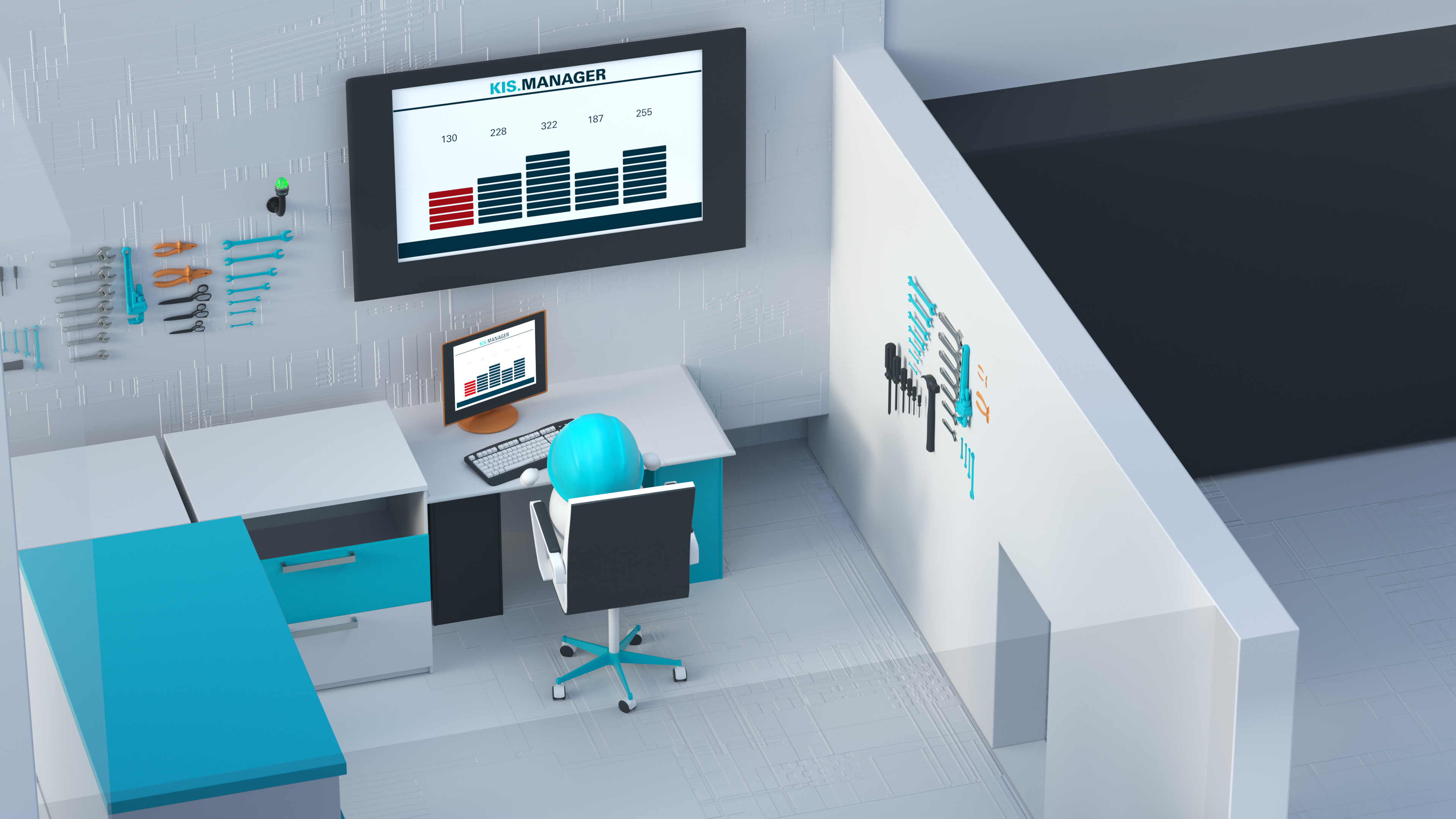 Rafi Kampagne Kis.Me Simply solved Vorarbeiter 3D Rendering mit Blick in eine stilisiertes Vorarbeiterbüro