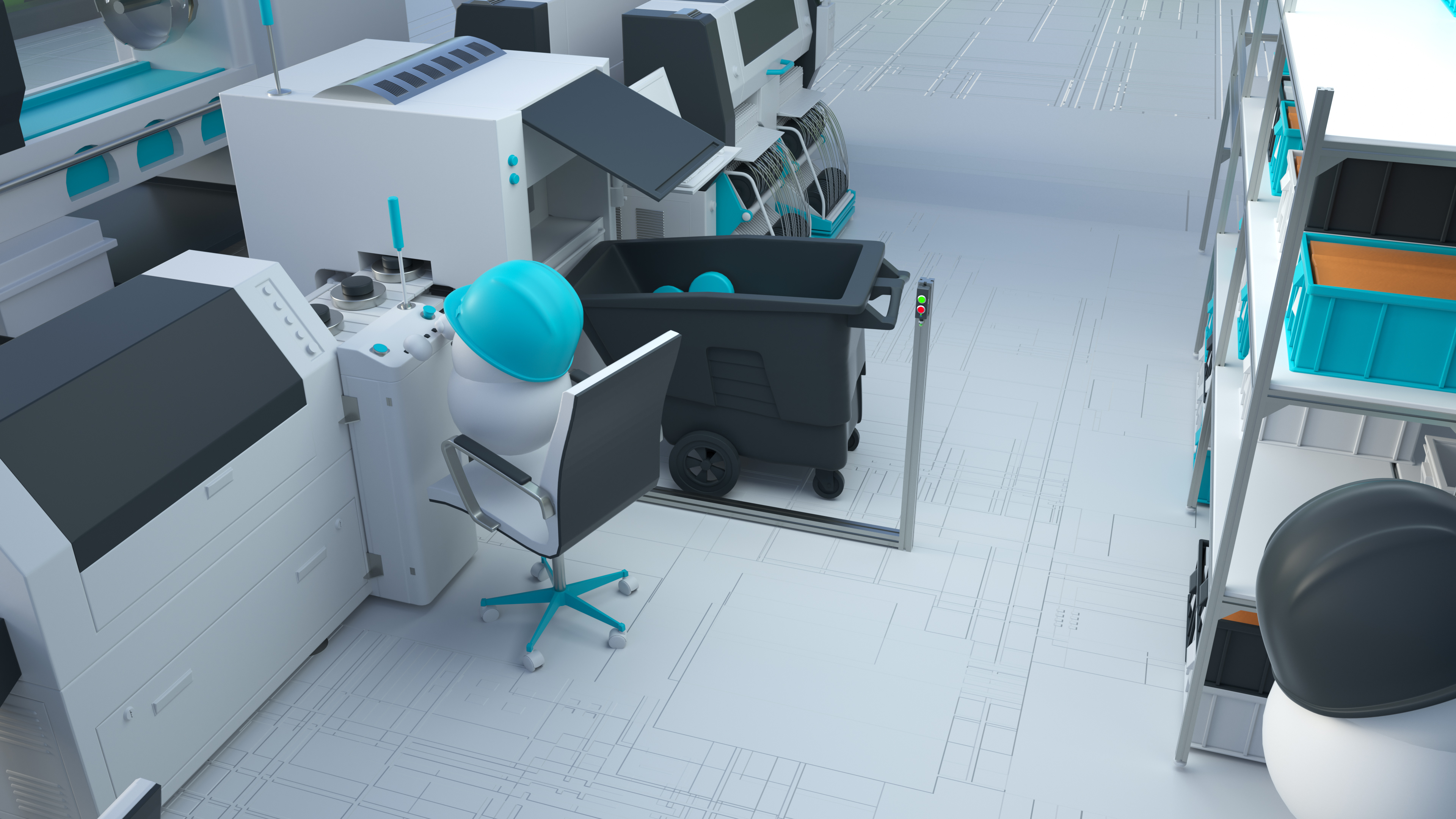 Rafi Kampagne Kis.Me Simply solved Maschinenbediener 3D Rendering mit Blick auf eine stilisierte Maschine