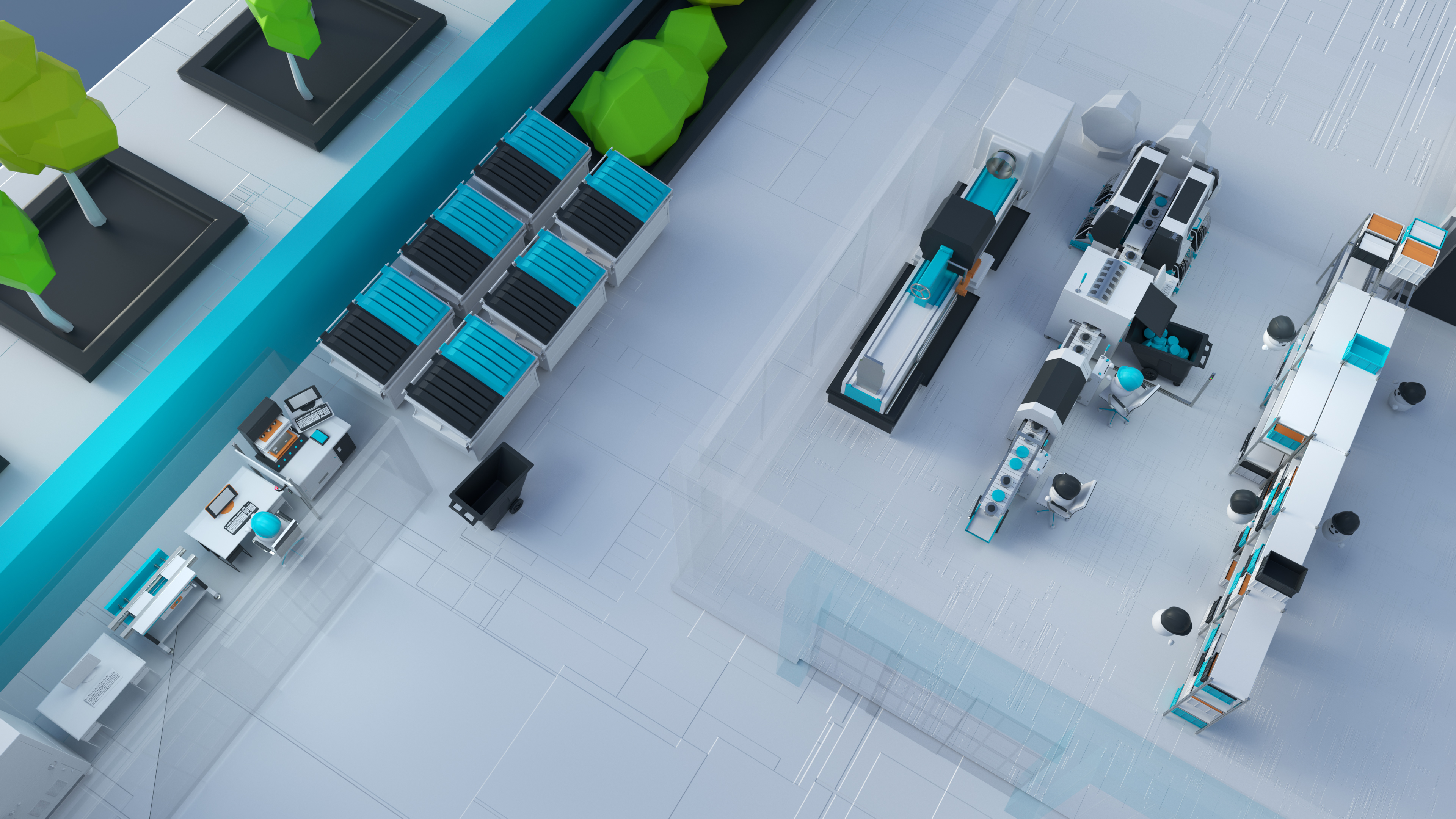 Rafi Kampagne Kis.Me Simply solved Halle 3D Rendering mit Blick in eine stilisierte Produktionsstätte