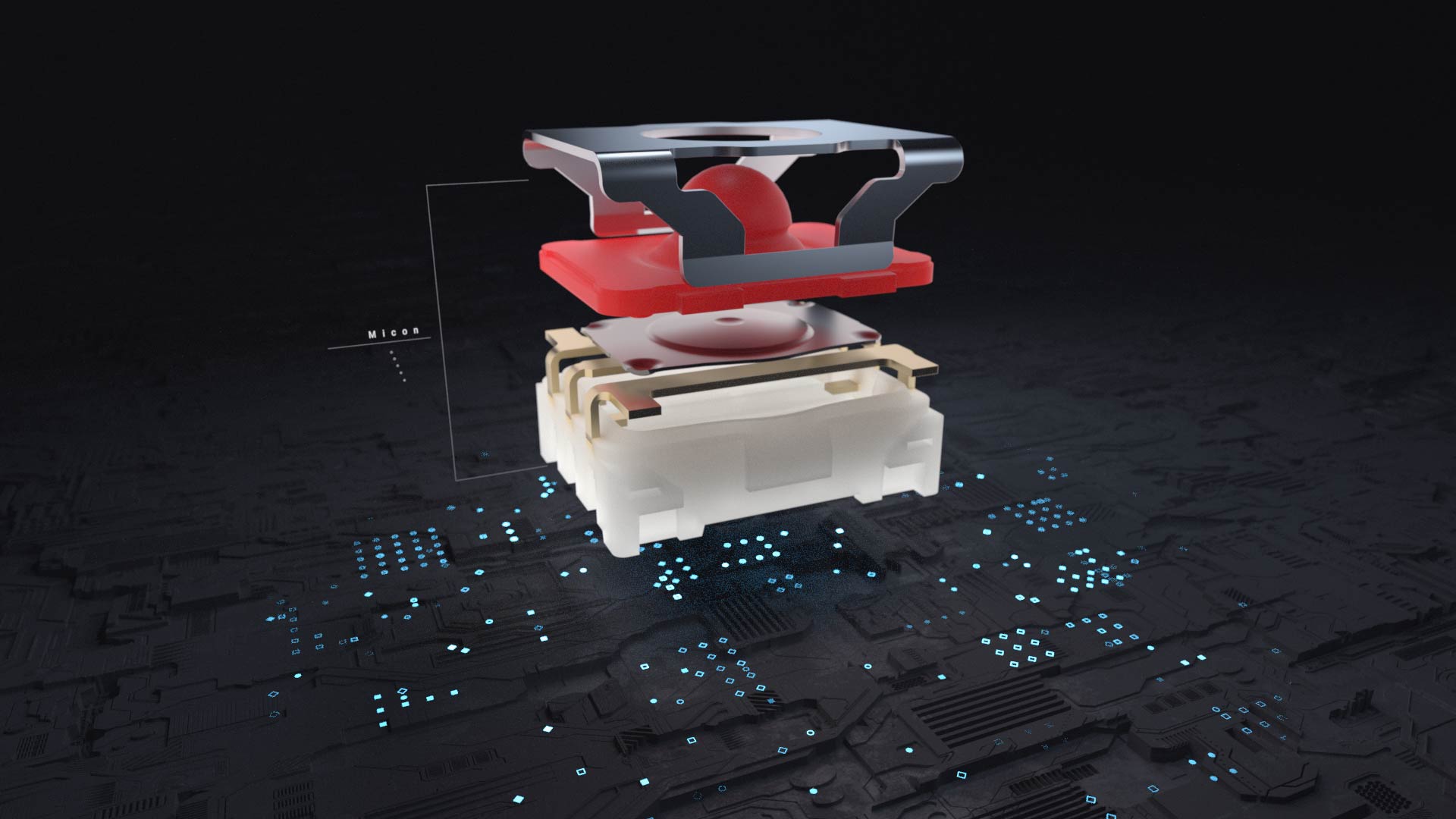 Rafi Produktfilm Micon Elemente Micon Taster mit technischer Explosion zur Darstellung des Aufbaus