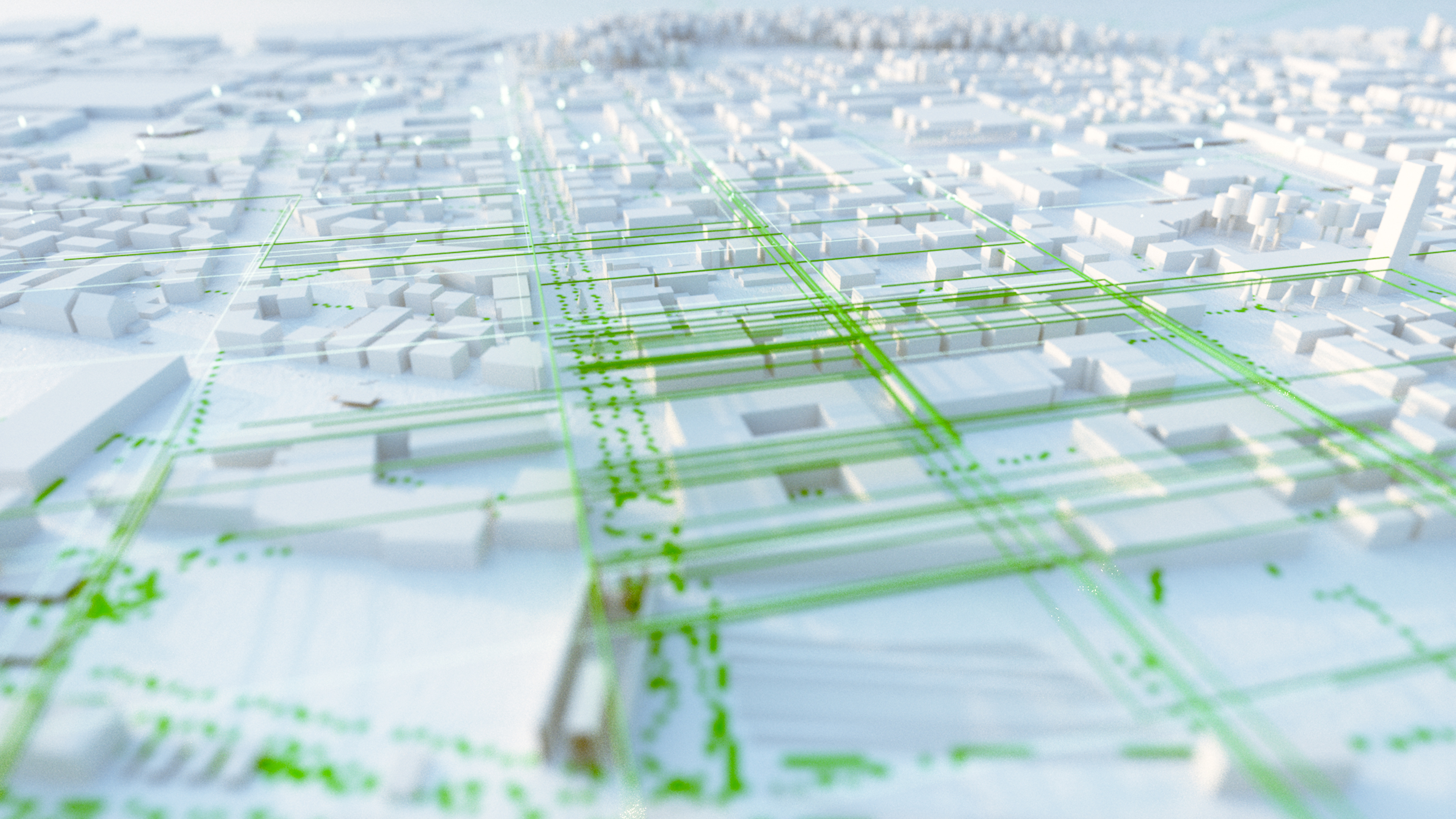 Stadtwerk am See 3D Leistungsfilm Lowpoly Stadt Blick auf die weiße abstrakte Silhouette von Friedrichshafen