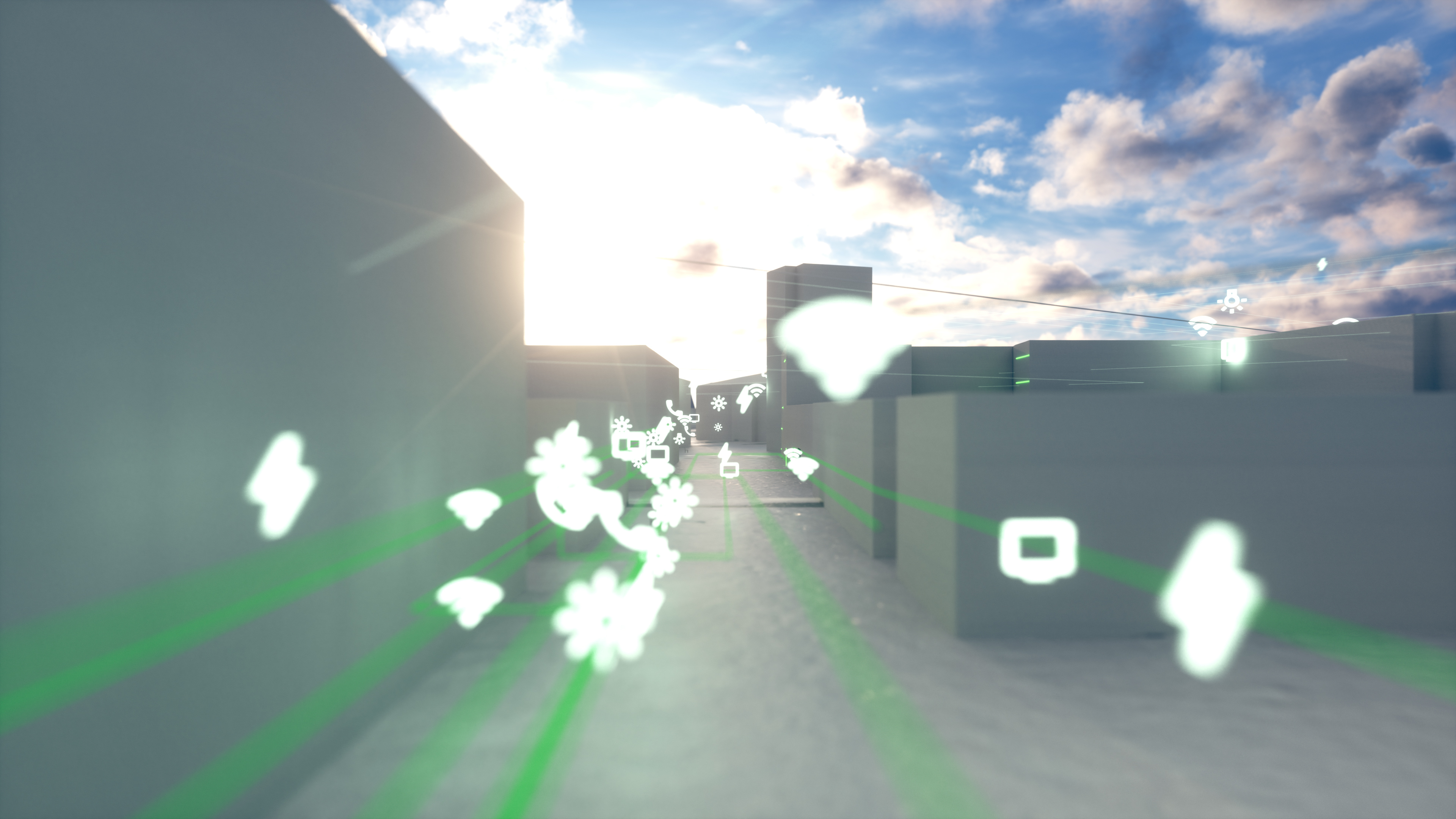 Stadtwerk am See 3D Leistungsfilm Straßenschlucht Flug durch die abstrakte Silhouette von Friedrichshafen