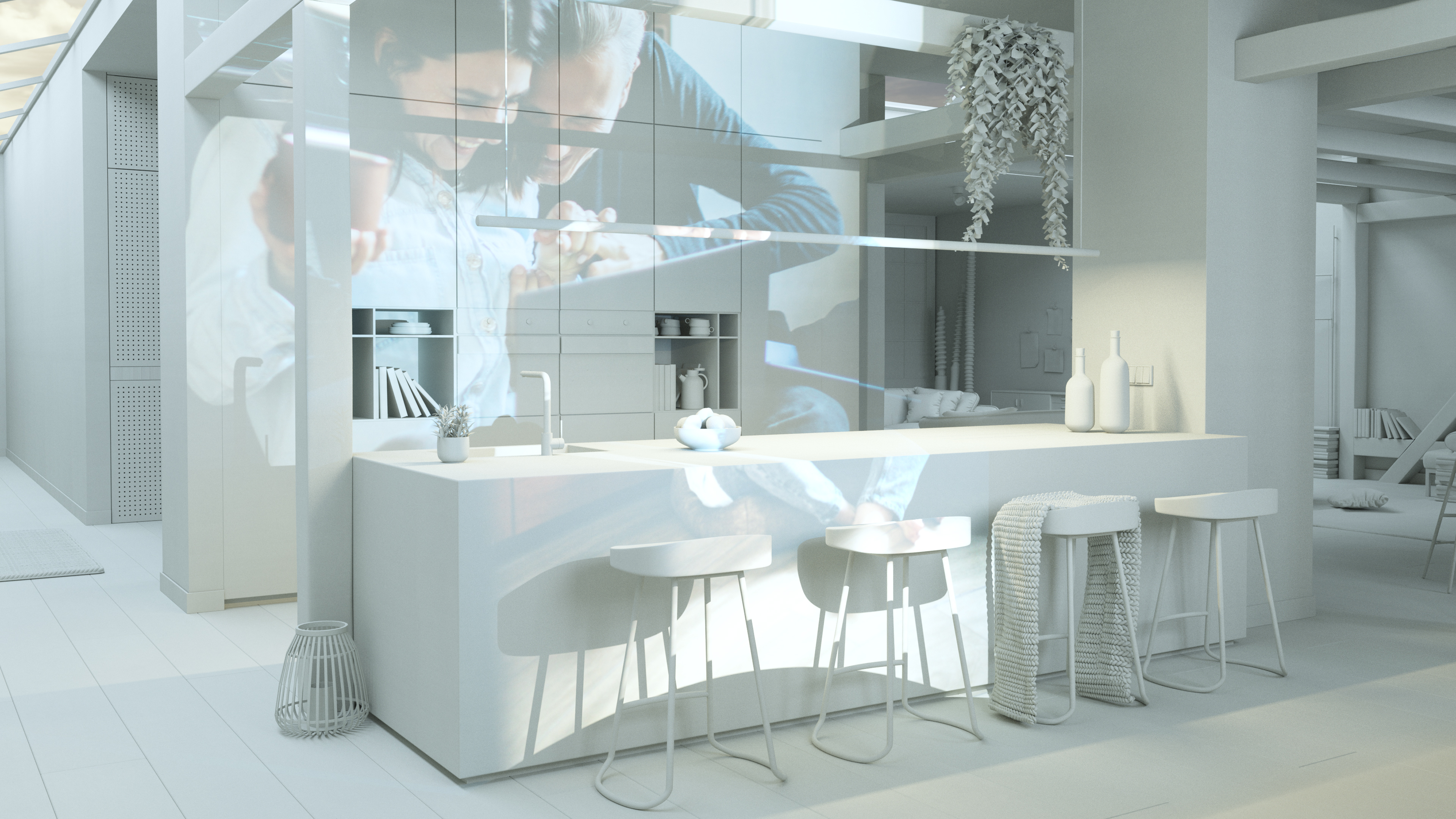 Stadtwerk am See 3D Leistungsfilm Loft Projektion Projektion auf eine weiße Küche