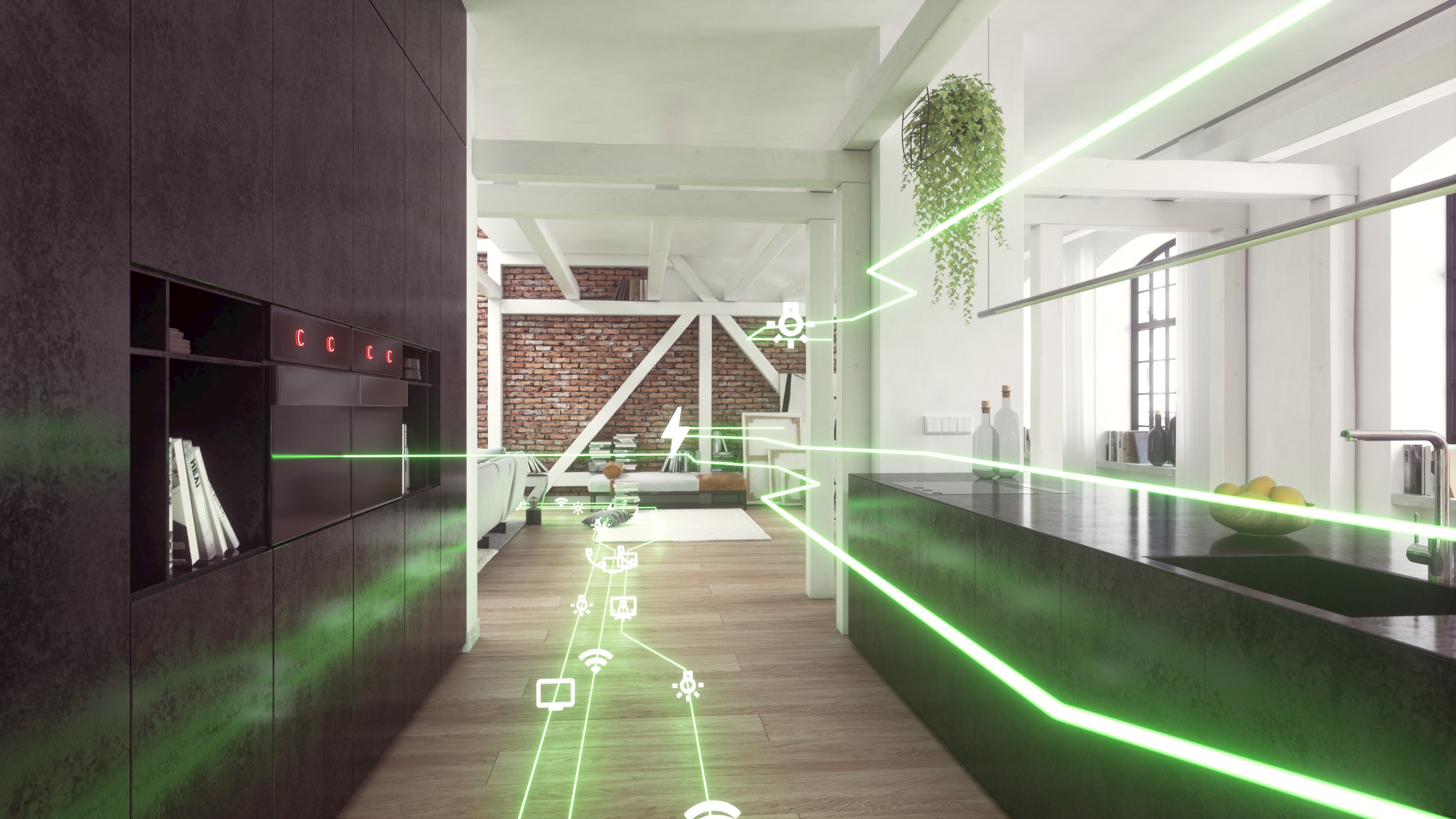 Stadtwerk am See 3D Leistungsfilm Kombipaket Grüne Lichstrahlen breiten sich in der Wohnung aus