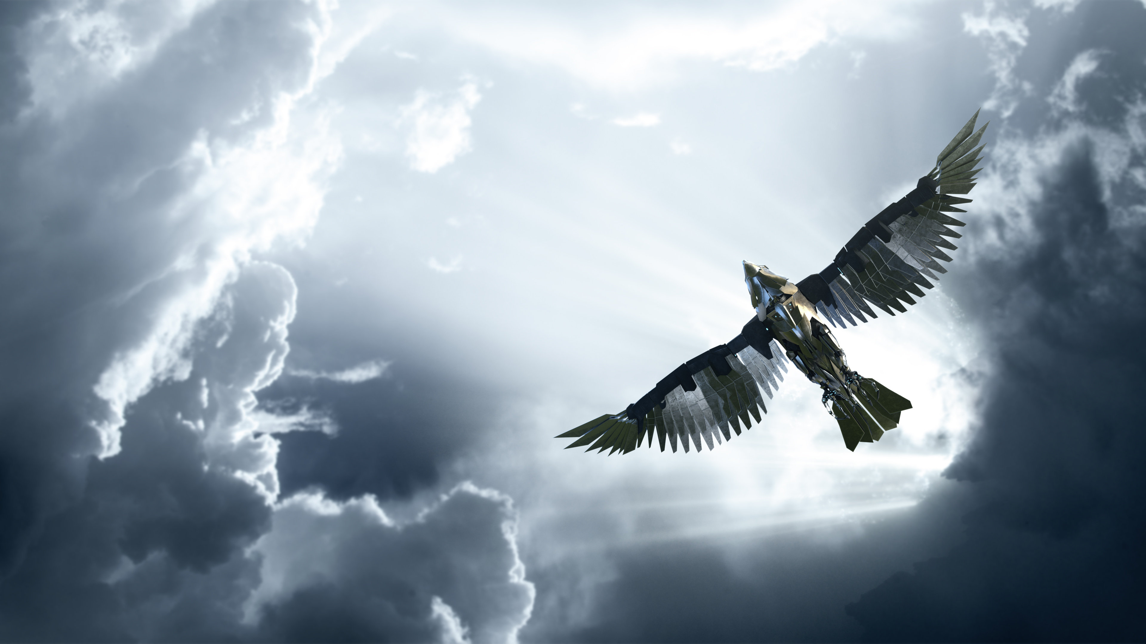 WSM 3D Keavisual Adler aus Metal am Himmel Blick von unten auf einen 3D Adler aus Metall